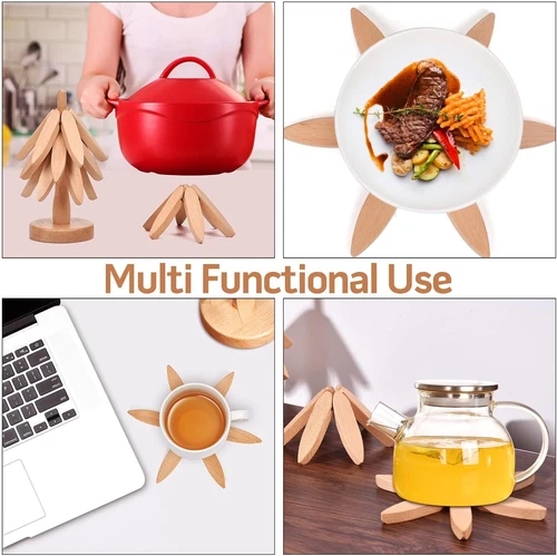 Tree Shape Wooden Trivets for Hot Dishes Pot Teapot - 3 Wooden Trivet + 1 Stand - Picture 6 of 12