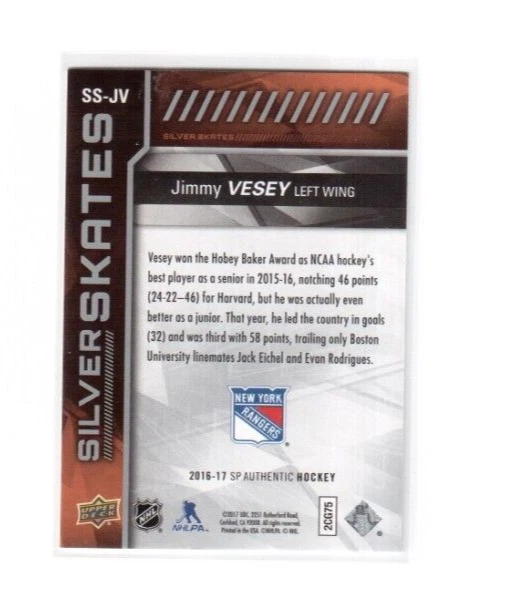 2016-17 SP Authentic Silver Skates Card SS-JV Jimmy Vesey New York Rangers (SP) - Image 2 of 2