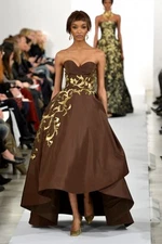 $11890 New Oscar de la Renta RUNWAY Gold brown Embroidered Silk Faille Ball Gown