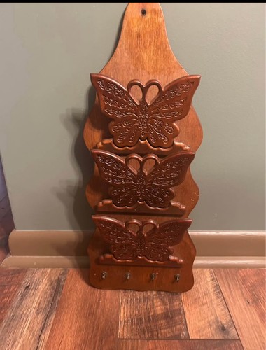 1970's Butterfly Wood Wall Mail Organizer Key Holder 19in Brown
