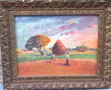 Ancien Tableau Scène de Moisson Huile sur Panneau Signé  à identifier Circa 1920