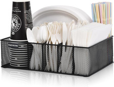 VIKEYHOME Paper Plate Organizer for Countertop, Black  Silverware Caddy with 6