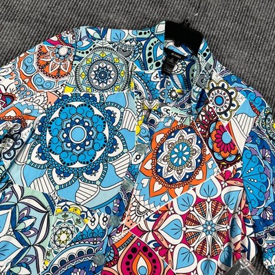 Ali Miles Shirt Top Blouse Womens 2X Blue Geometric Long Sleeve Casual New