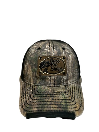 Bass Pro Shops Distressed Camo Strapback Real Tree Black Leather Patch