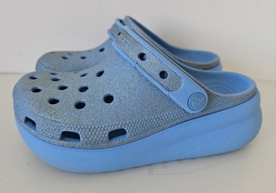 Blau Glitzer Gummi Slipper Mädchen Plateau Crush Clogs Gr. 2 (J2) Crocs