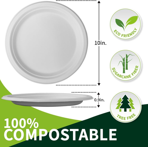 10 Zoll kompostierbare Pappteller【Weiß 150 Stück】, 100% Zuckerrohr Bagasse Groß D - Bild 2 von 12