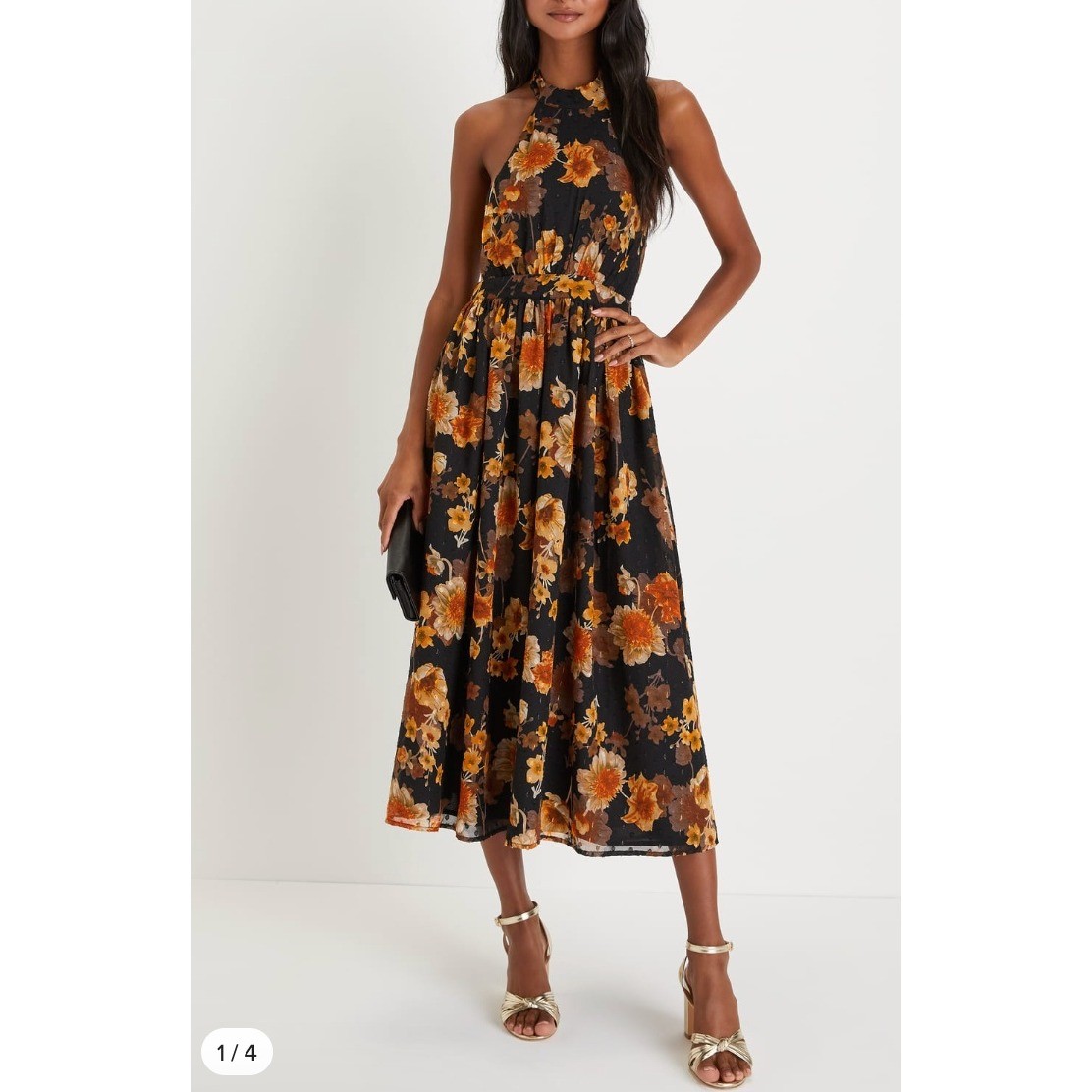 Lulus Black Floral Halter Madi Dress XL Evening Party Boho Flowy