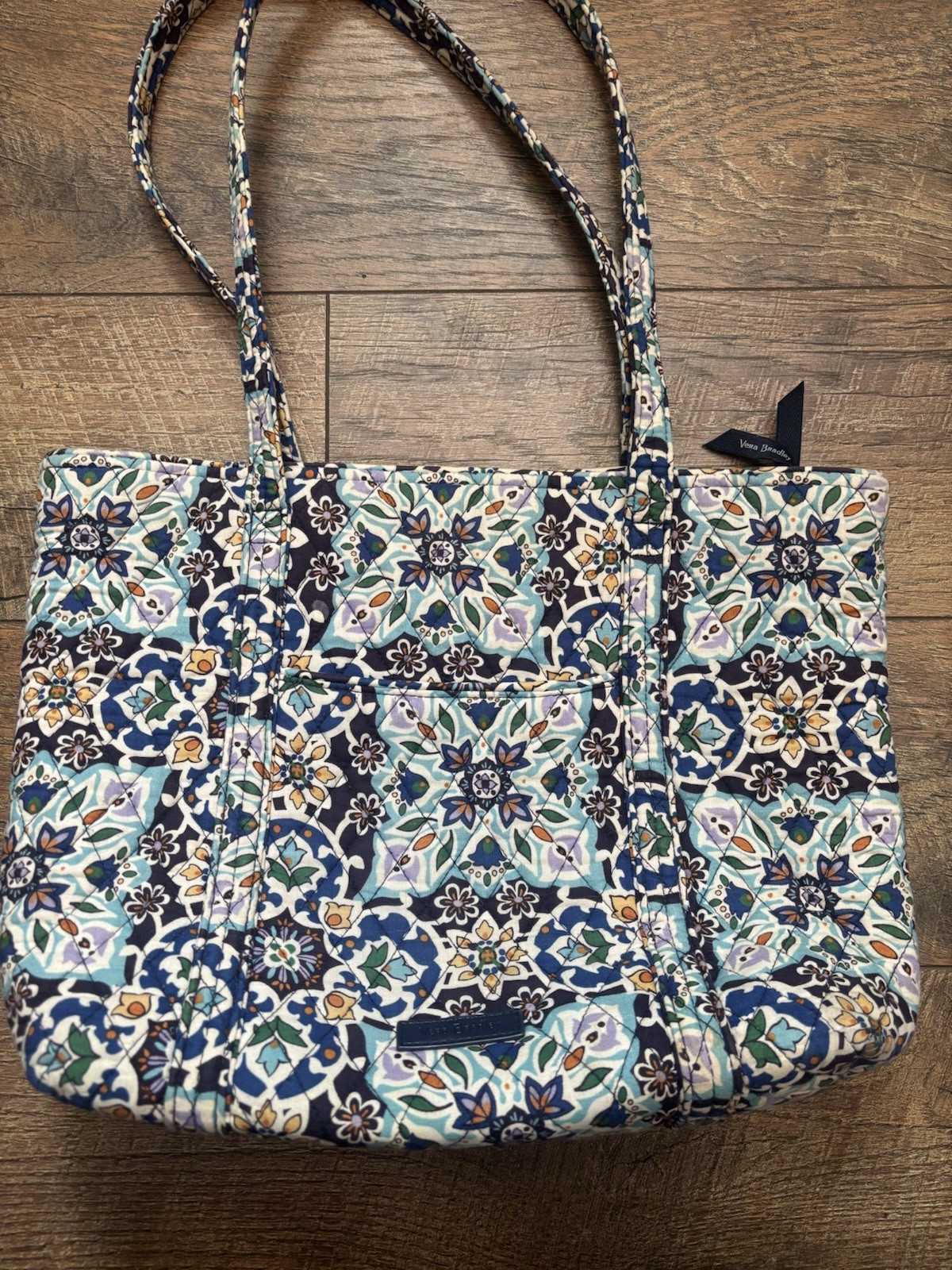 Vera Bradley Small Vera Tote in the Lisbon Medallion Cool pattern.