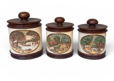 3 Vintage 1978 Hershey Mold Country Farm Scene Ceramic Lidded Canisters AB  83