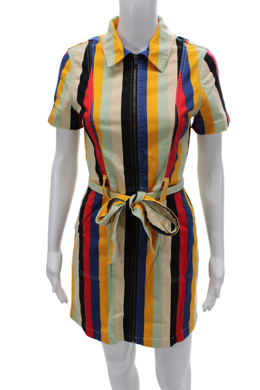 Alice + Olivia Women Shirt Dress Beige Striped Short Sleeve Size 4Free Shipping in US $100+ Orders | $6.95 Orders Below