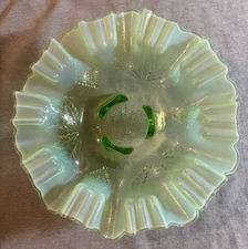Vintage Jefferson Green Depression Glass Bowl Candy Opalescent Ruffle Edge 9”