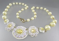 Faux Pearls White Enamel Light Purple Clear Rhinestones Stations Necklace 156