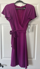 Tahari Arthur S Levine Fuchsia Faux Wrap Midi Dress V Neck Short Sleeve Sz 10