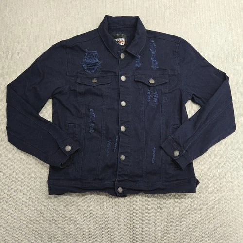 Copper Rivet Jacket Mens Large Blue Denim Distressed Trucker Button Front - product listing photo
