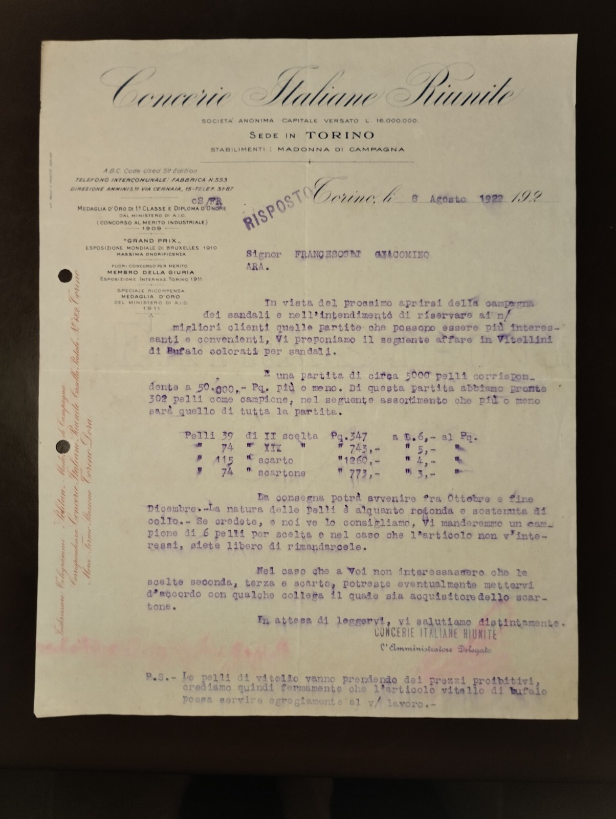 Carta Intestata Torino Concerie Italiane Riunite 1922 QX3642