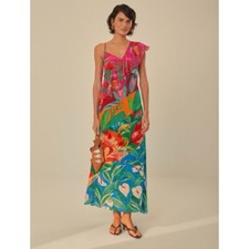 Farm Rio Mixed Flowery Ruffle One Shoulder Midi Dress Tropical Floral Pink Med