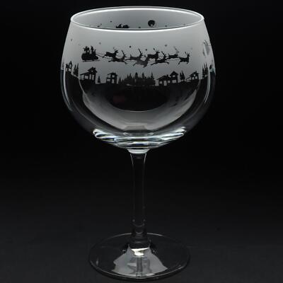 Christmas Gin Glass Decorated Santa In Sleigh Copa Balloon Sandblast Gift Animo