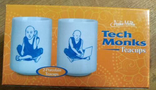 2 TECH MONKS TEACUPS porcelain Archie Mcphee New Boxed Gift