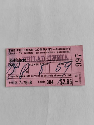 PULLMAN 1939 Passagierscheck BUFF nach PHILA -- KOSTENLOSER Versand   7,00 $