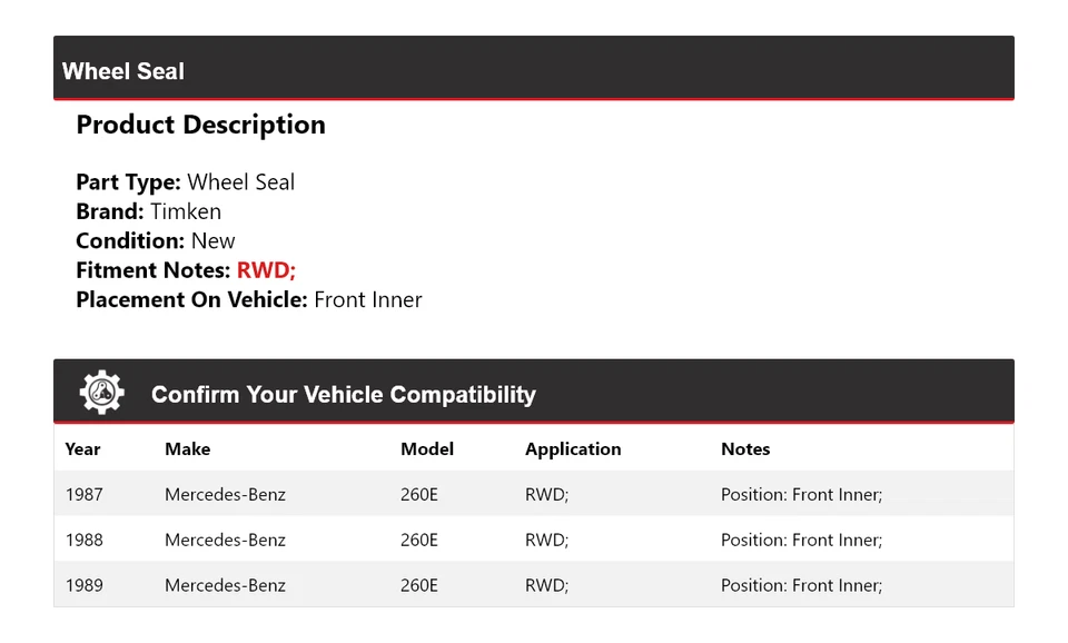 For 1987-1989 Mercedes-Benz 260E RWD Wheel Seal Front Inner Timken 1988 - Image 2 of 4