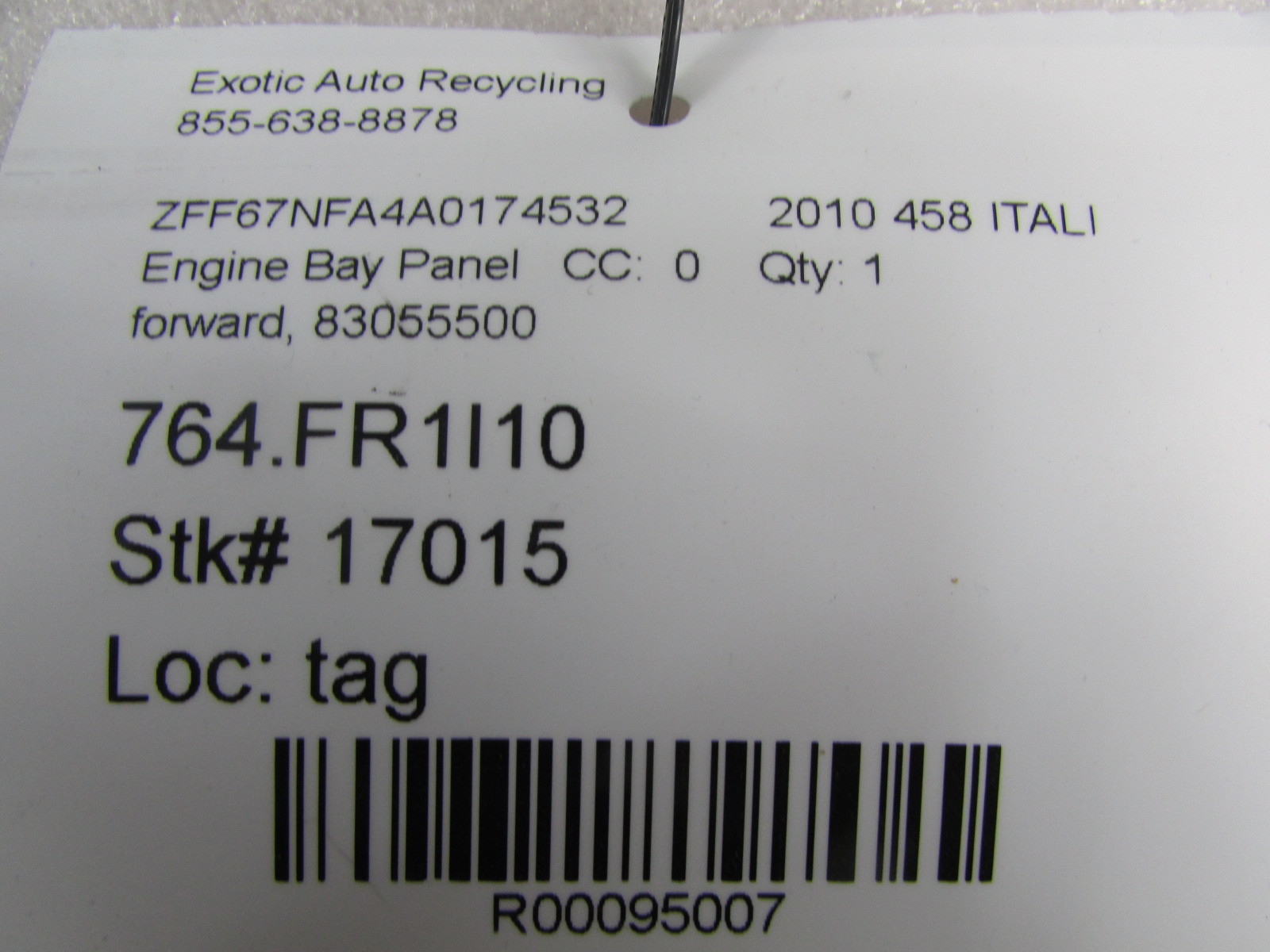 Ferrari 458 Italia Coupe, Forward Engine Bay Panel, Used, P/N 83055500