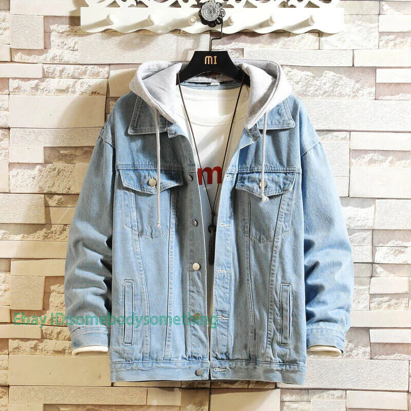 Denim Jacket Men Hooded Casual Men Jean Jackets Streetwear Solid Color Coat-image