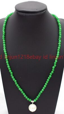 4 mm Facettiert Grün Jade Rund Edelsteine Perle Weiß Muschel Perle Anhänger Halskette 16-28 Zoll
