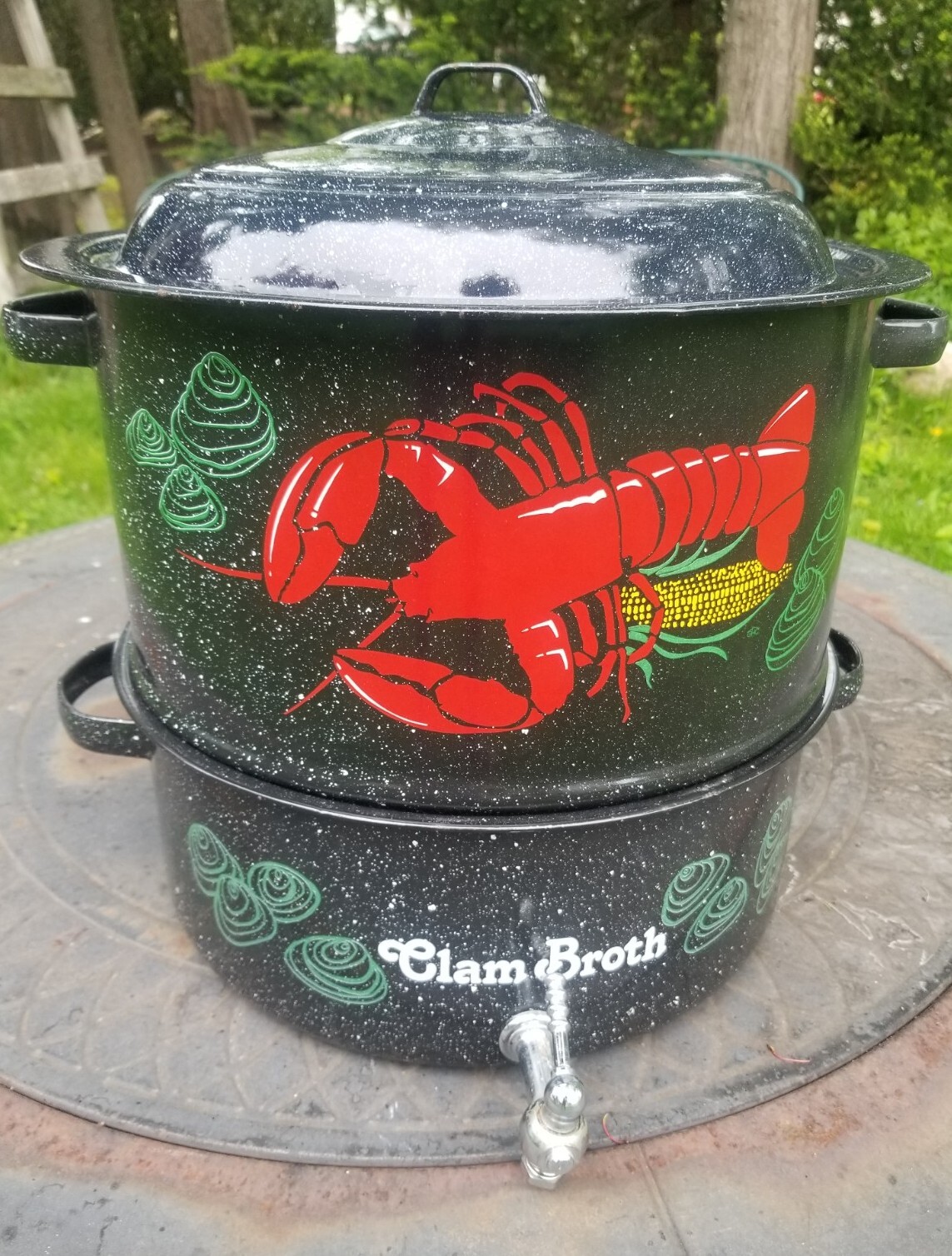 Vtg Enamel Double Steamer Lobster Pot w/Broth Spigot New England Clam