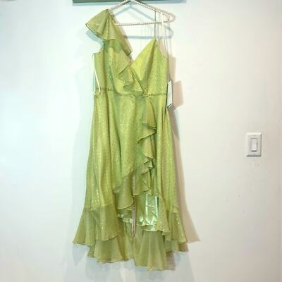 New MAC DUGGAL Ruffle Faux Wrap Midi Dress pastel green metallic gold polka dots