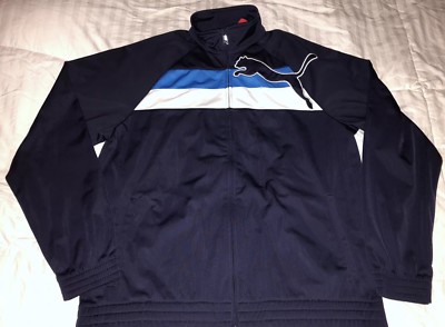 PUMA Men s  Big Cat Dark Blue Warm Up Track Jacket White Blue Color Block Zip Up