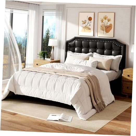 Queen Size Bed Frame with Button Tufted & Rivet Decorative Headboard,