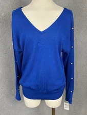 I.n.c. International Concepts Double V-Neck Rhinestone-Sleeve Top Blue Lg NWI's.
