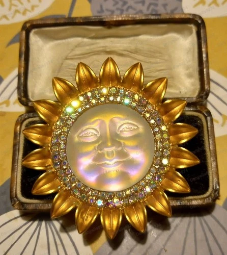 Art Deco Vintage Style AB Crystal Seaview Moon Face Gold Sun Flower Brooch Pin