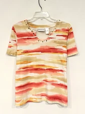 Alfred Dunner Women's Shirt Size Medium Watercolor Striped Studded Notch Neck