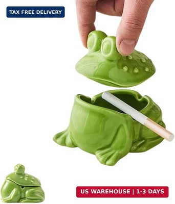 Frog Ashtray with Lid for Cigarette Ceramic Green Windproof Ash