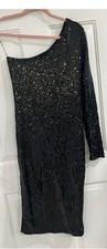 Fashion Nova Black Sequin One Shoulder Sheath Knee Length Dress Long Sleeve L
