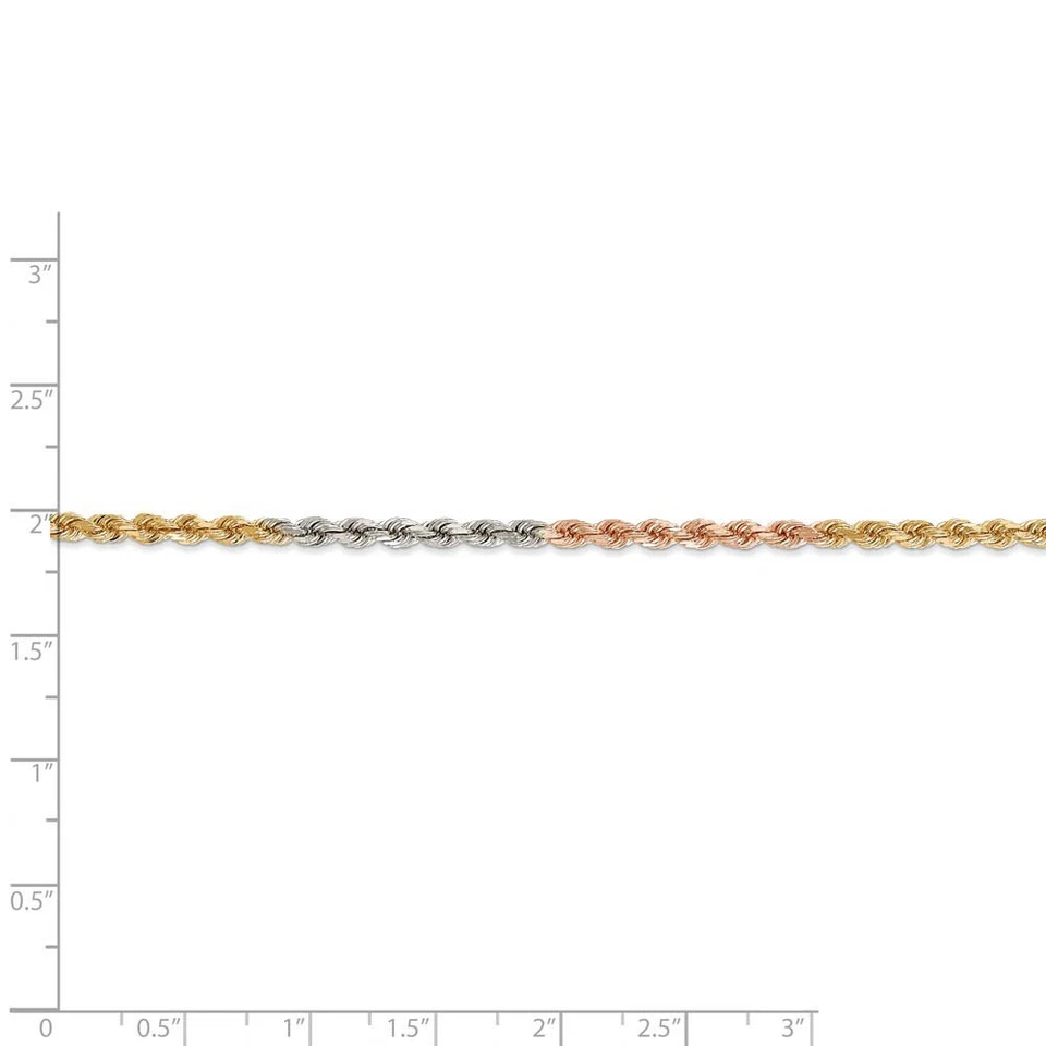 Brazalete de cadena de cuerda maciza de 2,9 mm, oro tricolor de 14 k, D/C Foto 4 de 4