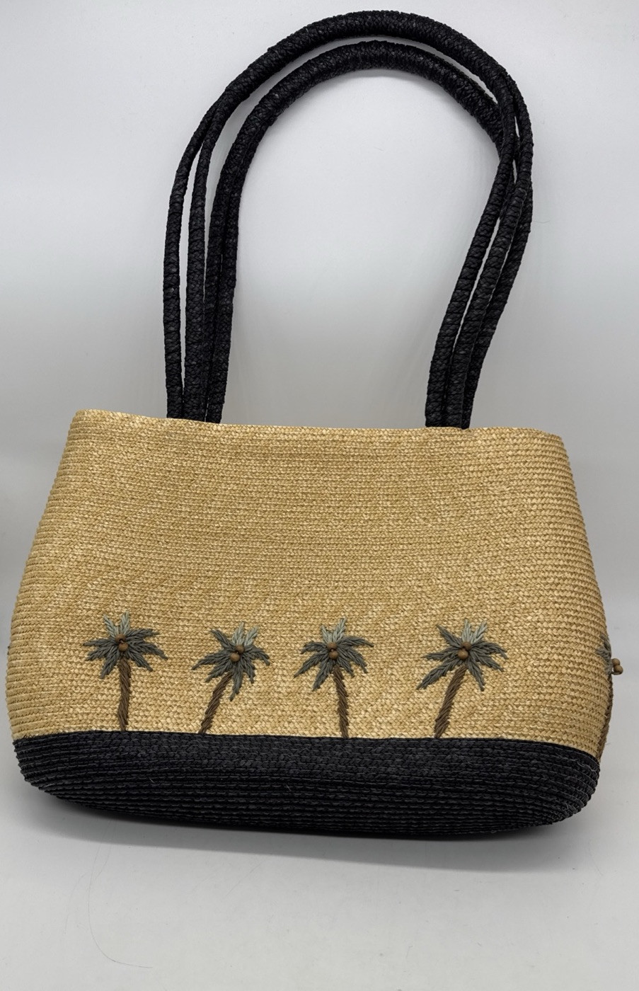 Straw Wicker Zip Close Liner Tote Bag Purse Palm Tree Bead Coconut Accents