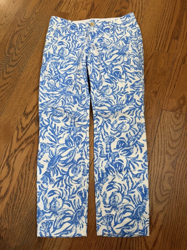 Women’s Lilly Pulitzer Blue & White Lobster & Crab Pattern Capri Cropped Pants 8