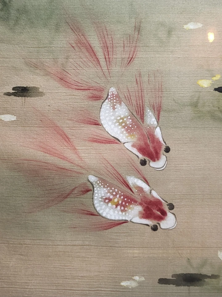 Par de pinturas japonesas vintage de peces luchadores de carpas enmarcadas esmaltadas 39x30 cm Foto 4 de 4