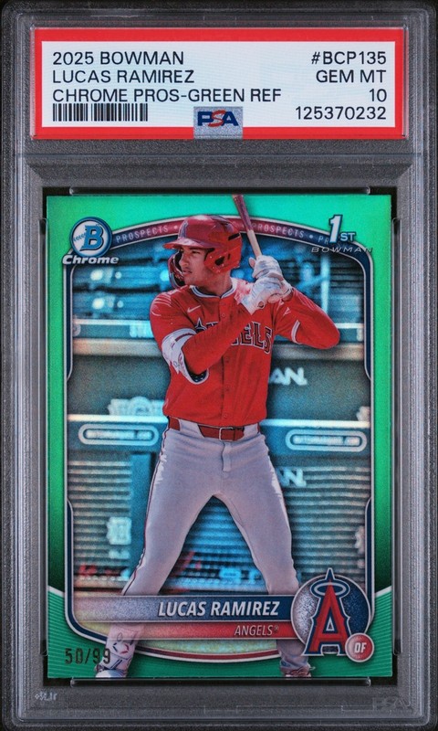 2025 Bowman Chrome Green Refractor 1st Lucas Ramirez RC /99 BCP135 PSA 10 Angels