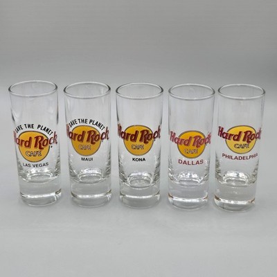5 HRC Hard Rock Cafe 4'' Shot Glasses, Las Vegas Dallas Philadelphia Maui Kona