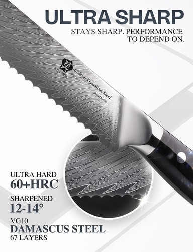 WILDMOK 8 " Resin Handle Professional 67 Layer Damascus VG10 Steel Bread Knives - Picture 6 of 8