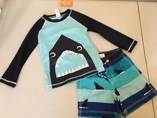 NWT Gymboree Boys Rash Guard Shark Swim trunk Shorts Swimsuit Set UPF 50 2T,5T