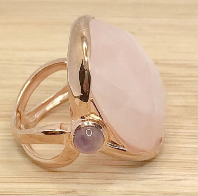 Genuine Rose Quartz & Amethyst 925 Sterling Silver Rose Gold Plated Ring Size 7