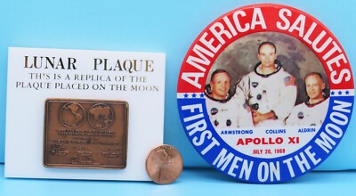 PAPERWEIGHT / BUTTON PAIR vtg APOLLO 11 NASA Lunar Plaque Armstrong Aldrin