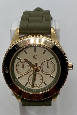 CC Ladies Watch New Battery Faux Chronograph Gold Case Grey Strap - Nice Watch