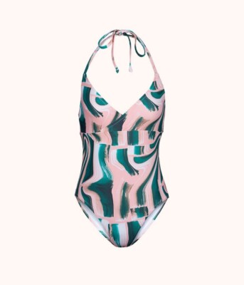 NWT Lively Green & Pink Paint Brush Halter Bathing Suit Swimsuit Size Small