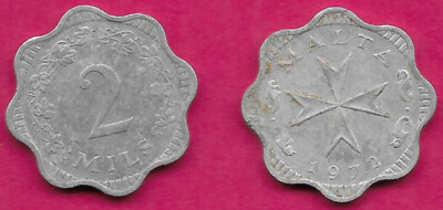 MALTA 2 MILS 1972 VF MALTESE CROSS,VALUE WITHIN 3/4 WREATH,DENOMINATION WITHIN A