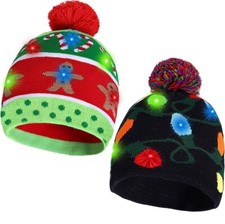 2 Pack Christmas LED Light-Up Knitted Beanie Hat Colorful Flashing Holiday Xmas